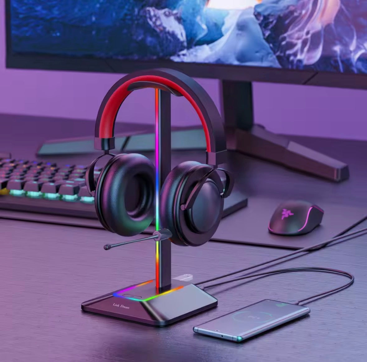 RGB Headset Holder with Dual USB Ports