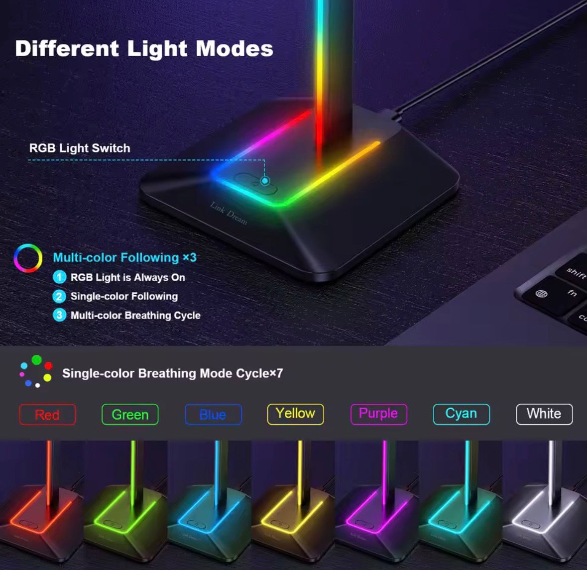 RGB Headset Holder with Dual USB Ports