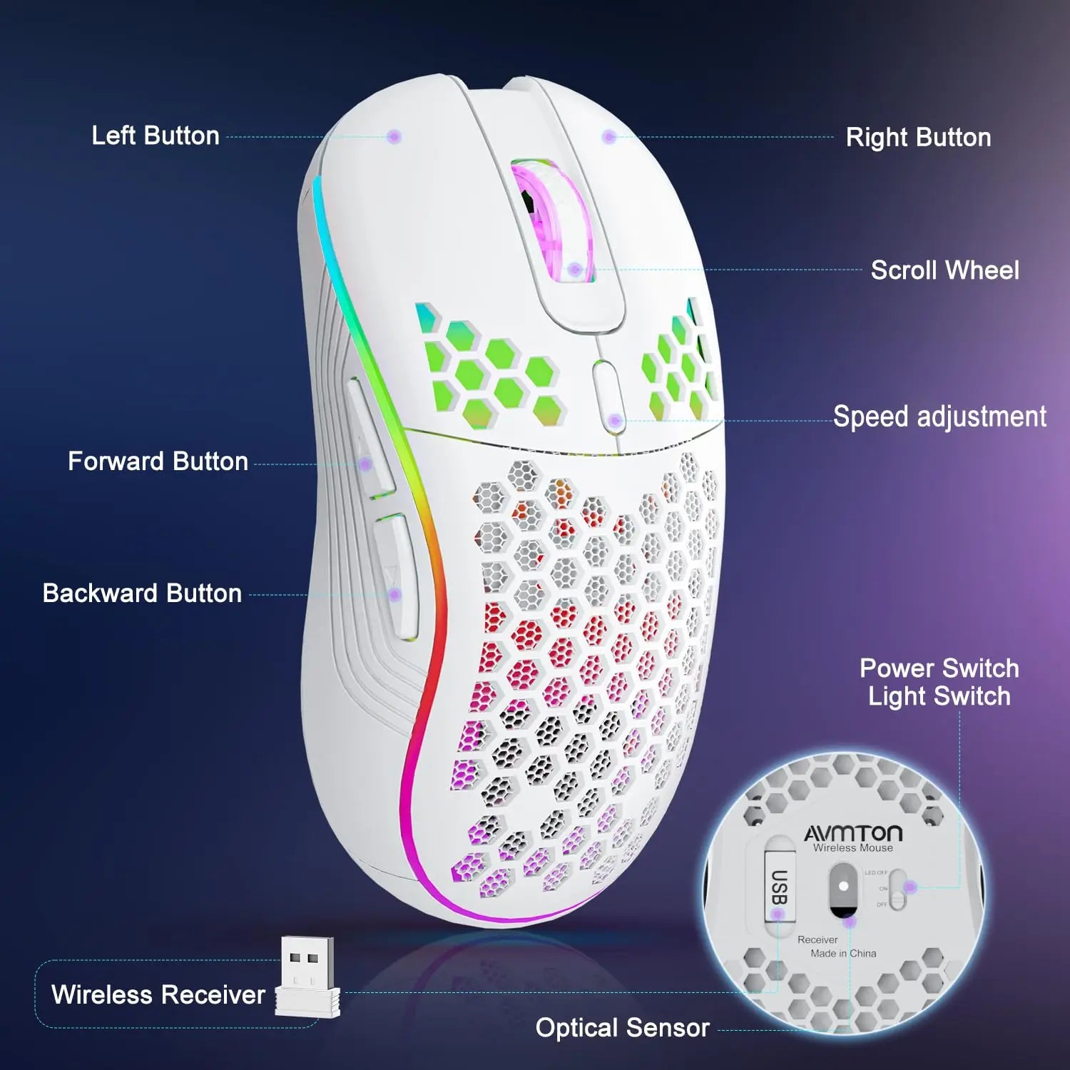 Wireless Honeycomb Lightweight Gaming Mouse with RGB Lighting