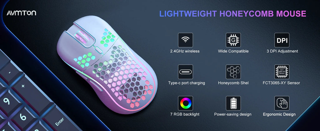 Wireless Honeycomb Lightweight Gaming Mouse with RGB Lighting